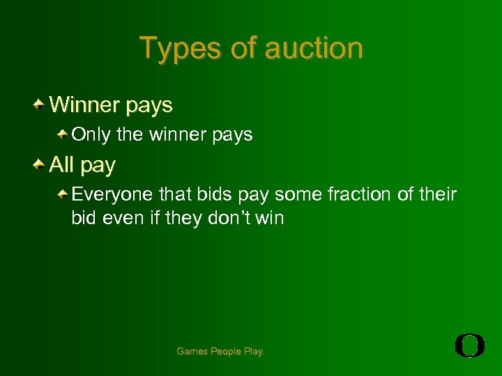 Types of auction Winner pays Only the winner pays All pay Everyone that bids