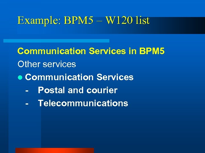 Example: BPM 5 – W 120 list Communication Services in BPM 5 Other services