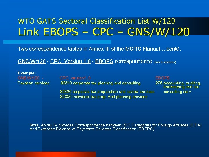 WTO GATS Sectoral Classification List W/120 Link EBOPS – CPC – GNS/W/120 Two correspondence