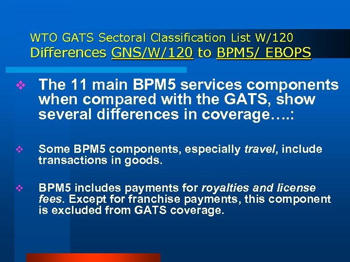 WTO GATS Sectoral Classification List W/120 Differences GNS/W/120 to BPM 5/ EBOPS v The