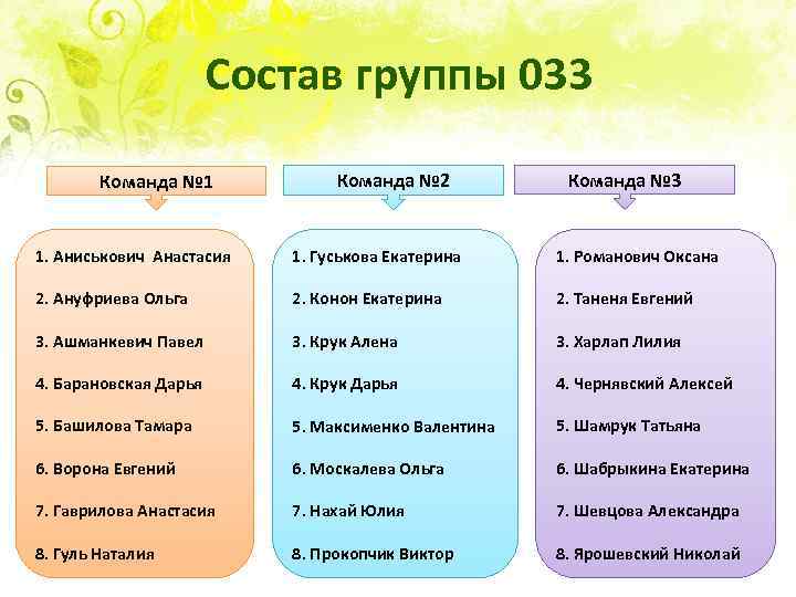 Состав группы 033 Команда № 1 Команда № 2 Команда № 3 1. Аниськович