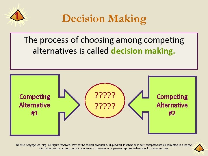 1 Decision Making The process of choosing among competing alternatives is called decision making.