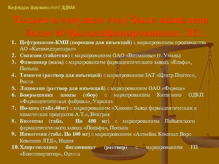 Кафедра фармакології ДДМА Только в текущем году было выявлено более 60 фальсифицированных ЛС: 1.