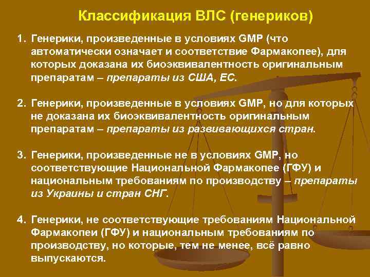 Классификация ВЛС (генериков) 1. Генерики, произведенные в условиях GMP (что автоматически означает и соответствие
