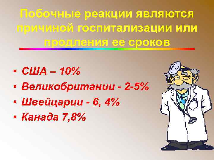 Побочные реакции являются причиной госпитализации или продления ее сроков • • США – 10%