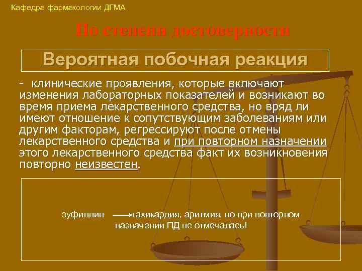 Кафедра фармакологии ДГМА По степени достоверности Вероятная побочная реакция - клинические проявления, которые включают