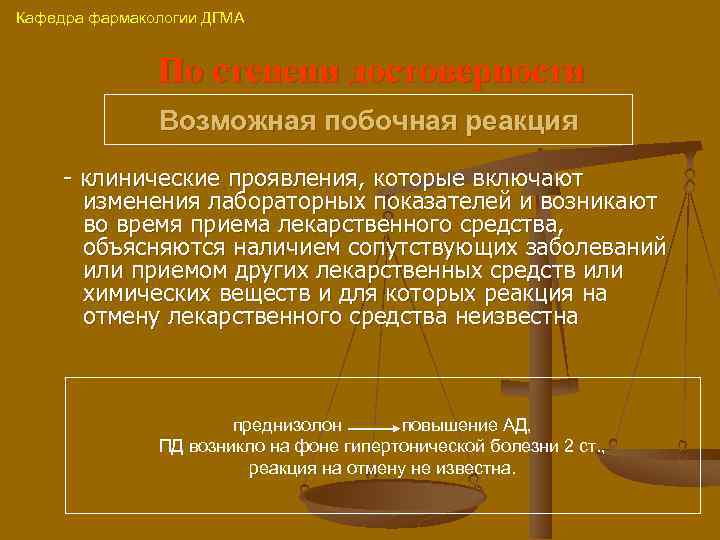 Кафедра фармакологии ДГМА По степени достоверности Возможная побочная реакция - клинические проявления, которые включают