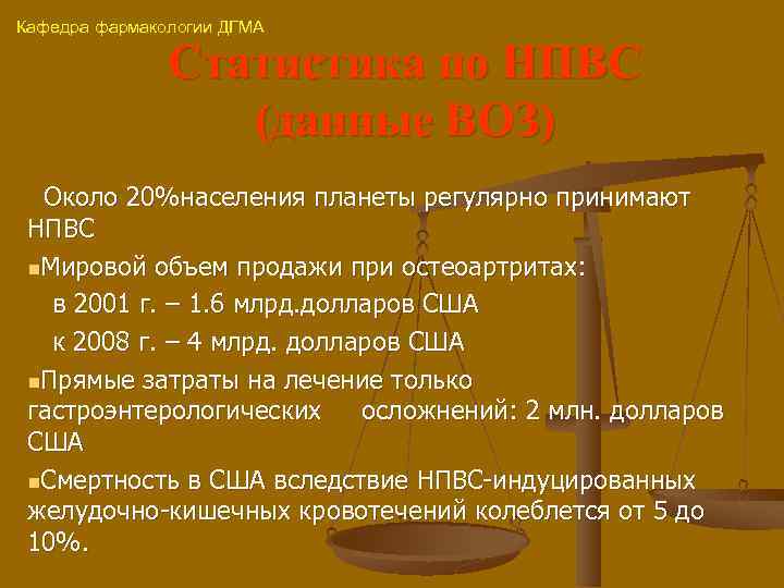 Кафедра фармакологии ДГМА Статистика по НПВС (данные ВОЗ) Около 20%населения планеты регулярно принимают НПВС