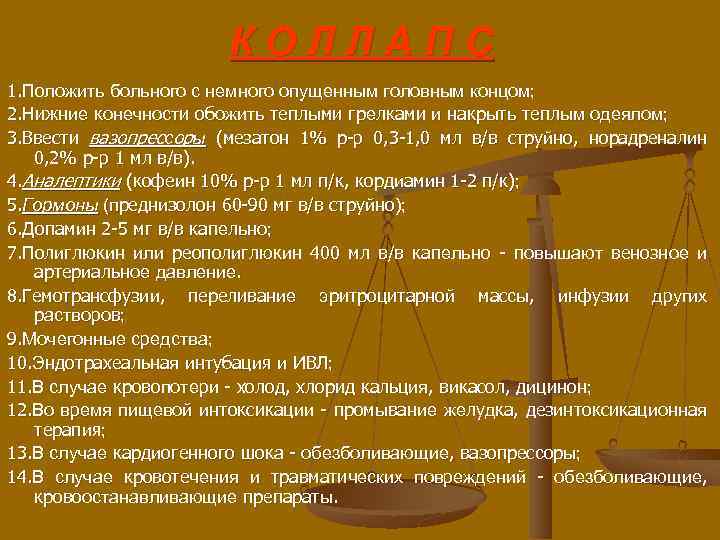 КОЛЛАПС 1. Положить больного с немного опущенным головным концом; 2. Нижние конечности обожить теплыми