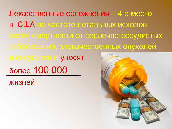 Лекарственные осложнения – 4 -е место в США по частоте летальных исходов после смертности