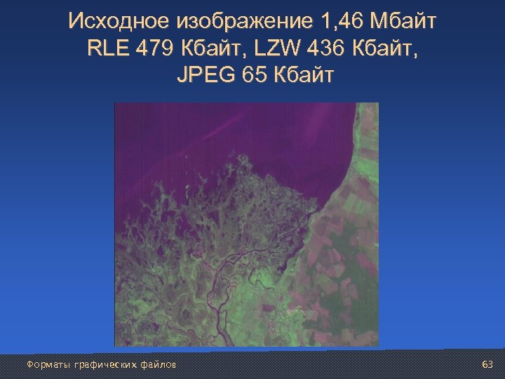 Исходное изображение 1, 46 Мбайт RLE 479 Кбайт, LZW 436 Кбайт, JPEG 65 Кбайт