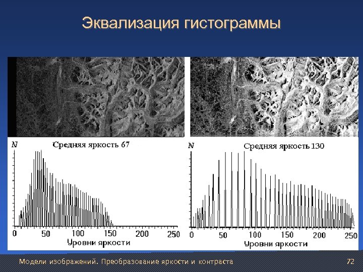 Эквализация гистограммы Модели изображений. Преобразование яркости и контраста 72 