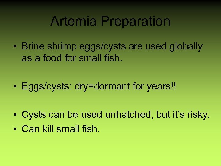 Artemia Preparation • Brine shrimp eggs/cysts are used globally as a food for small