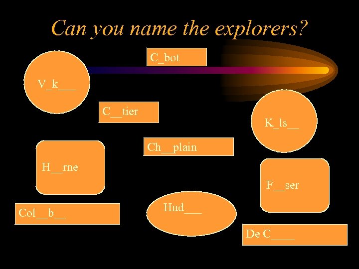Can you name the explorers? C_bot V_k___ C__tier K_ls__ Ch__plain H__rne F__ser Col__b__ Hud___