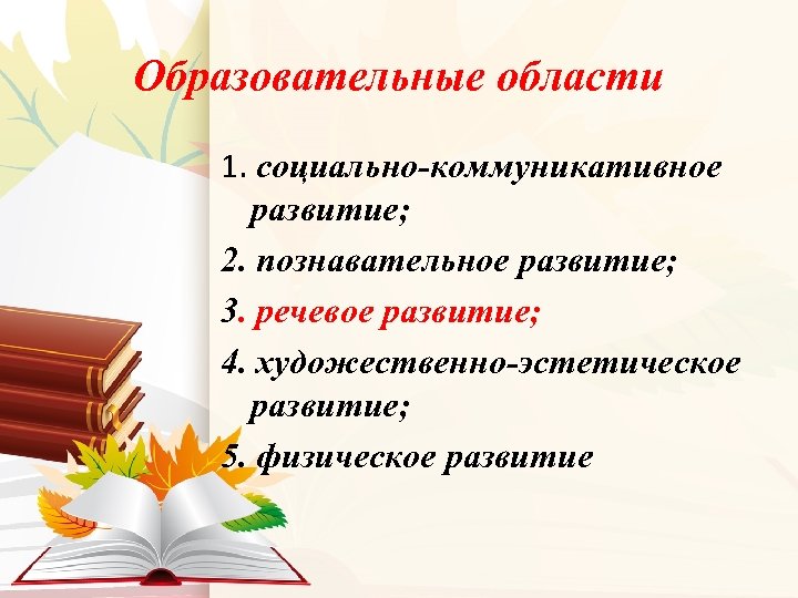 Образовательные области 1. социально-коммуникативное развитие; 2. познавательное развитие; 3. речевое развитие; 4. художественно-эстетическое развитие;