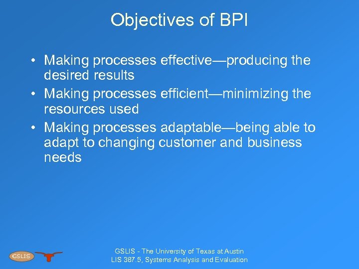 Objectives of BPI • Making processes effective—producing the desired results • Making processes efficient—minimizing