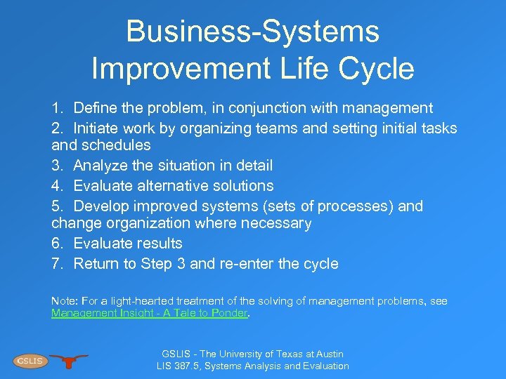 Business-Systems Improvement Life Cycle 1. Define the problem, in conjunction with management 2. Initiate