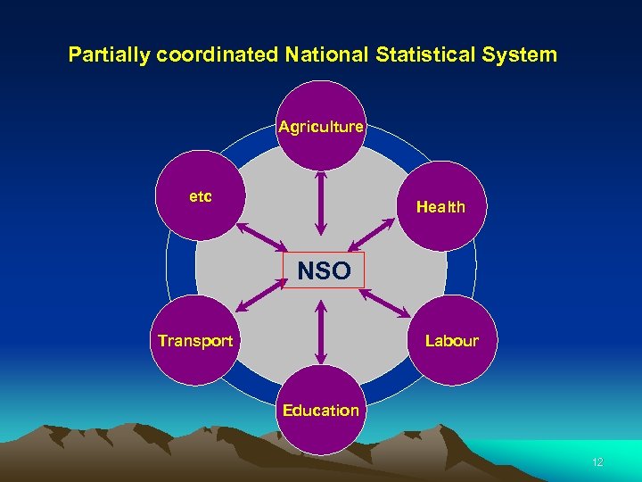 Partially coordinated National Statistical System Agriculture etc Health NSO Transport Labour Education 12 