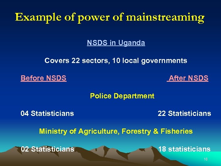 Example of power of mainstreaming NSDS in Uganda Covers 22 sectors, 10 local governments