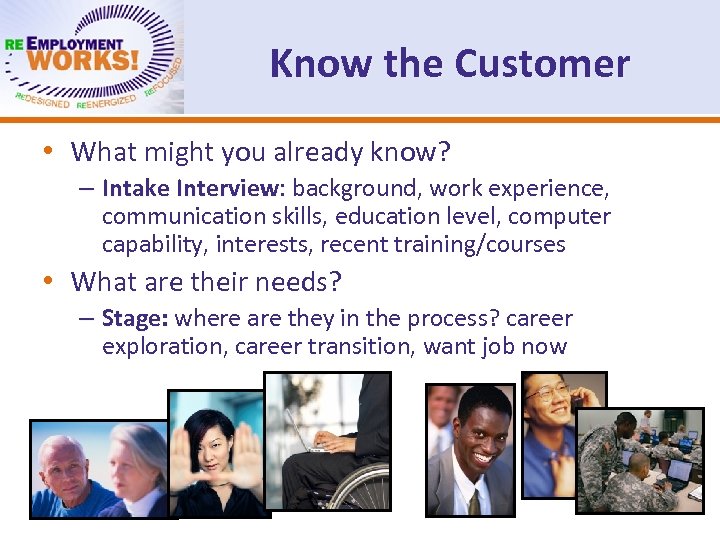 Know the Customer • What might you already know? – Intake Interview: background, work