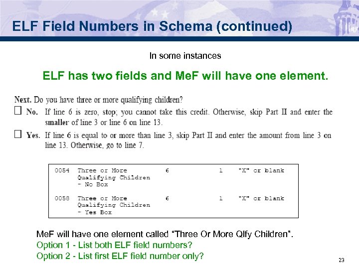 ELF Field Numbers in Schema (continued) In some instances ELF has two fields and
