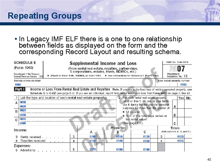 Repeating Groups • In Legacy IMF ELF there is a one to one relationship