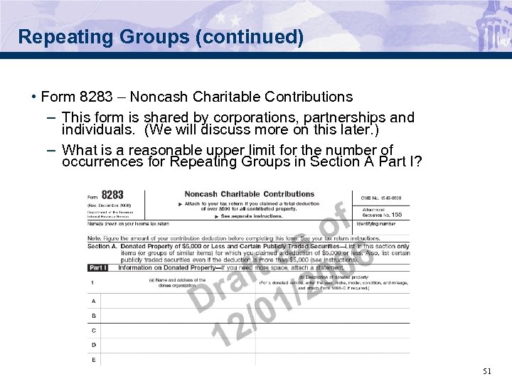 Repeating Groups (continued) • Form 8283 – Noncash Charitable Contributions – This form is