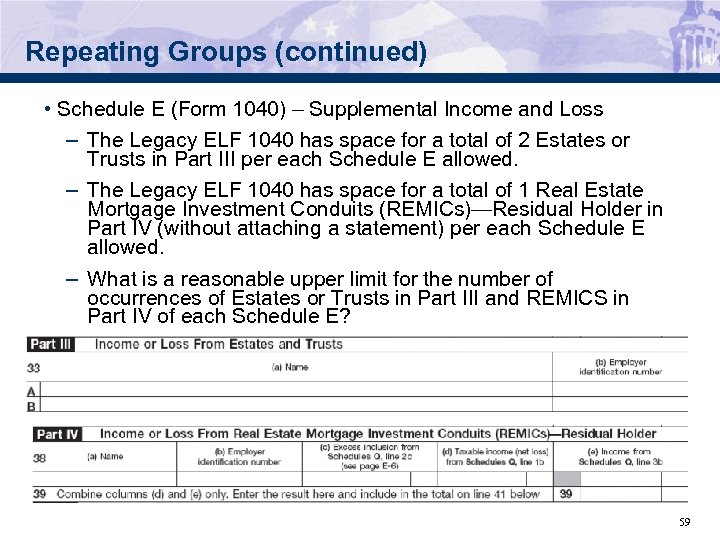Repeating Groups (continued) • Schedule E (Form 1040) – Supplemental Income and Loss –