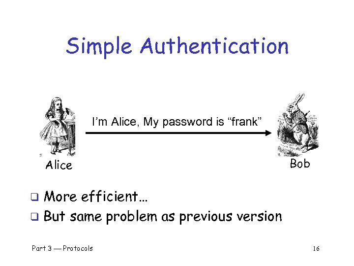 Simple Authentication I’m Alice, My password is “frank” Alice Bob More efficient… q But