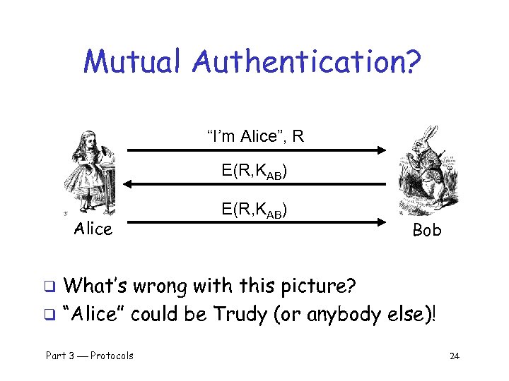 Mutual Authentication? “I’m Alice”, R E(R, KAB) Alice E(R, KAB) Bob What’s wrong with