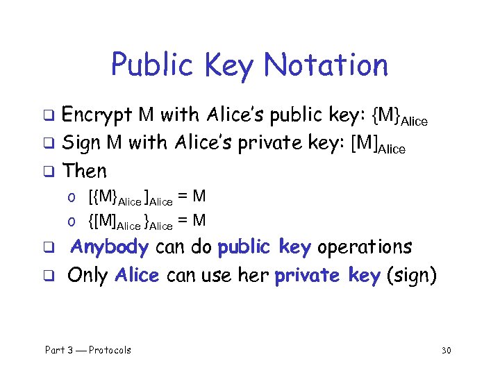 Public Key Notation Encrypt M with Alice’s public key: {M}Alice q Sign M with