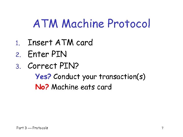 ATM Machine Protocol 1. 2. 3. Insert ATM card Enter PIN Correct PIN? Yes?