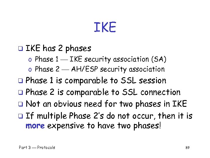 IKE q IKE has 2 phases o Phase 1 IKE security association (SA) o