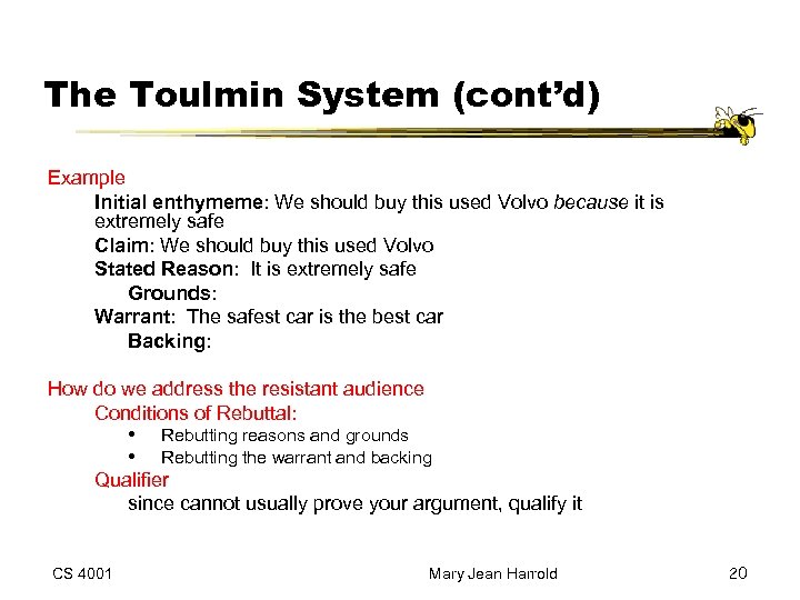 The Toulmin System (cont’d) Example Initial enthymeme: We should buy this used Volvo because
