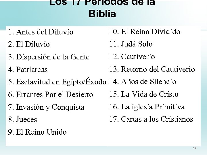 Los 17 Periodos de la Biblia 1. Antes del Diluvio 10. El Reino Dividido