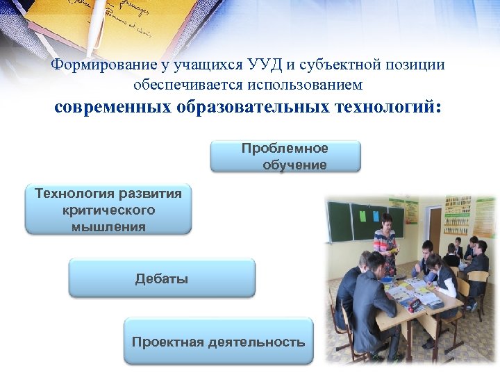 Формирование у учащихся УУД и субъектной позиции обеспечивается использованием современных образовательных технологий: Проблемное обучение