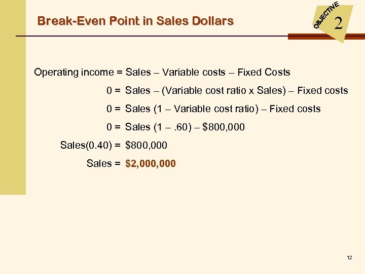 Break-Even Point in Sales Dollars 2 Operating income = Sales – Variable costs –