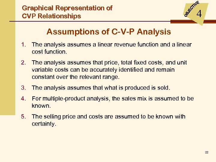 Graphical Representation of CVP Relationships 4 Assumptions of C-V-P Analysis 1. The analysis assumes