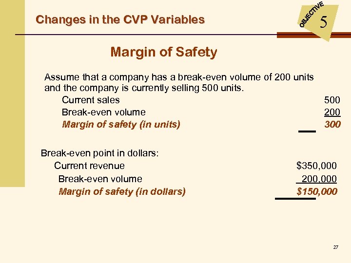 5 Changes in the CVP Variables Margin of Safety Assume that a company has