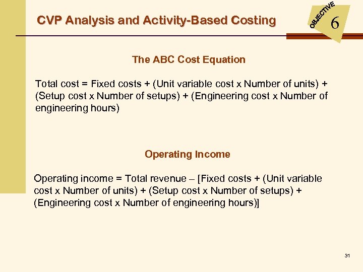 CVP Analysis and Activity-Based Costing 6 The ABC Cost Equation Total cost = Fixed