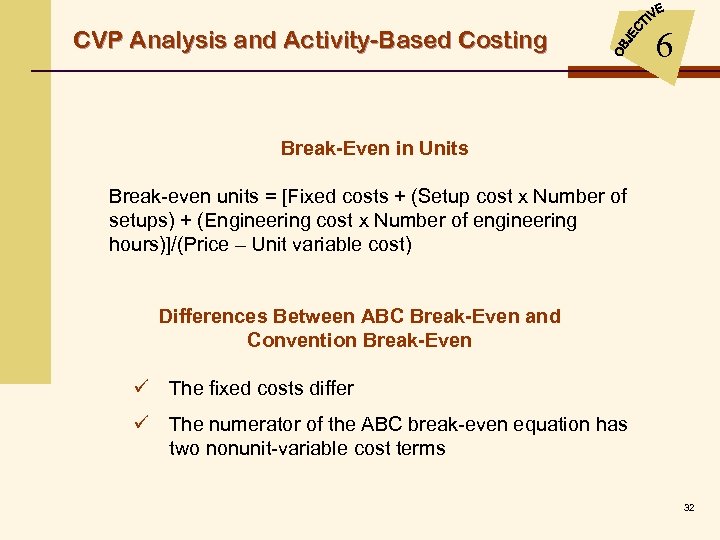 CVP Analysis and Activity-Based Costing 6 Break-Even in Units Break-even units = [Fixed costs