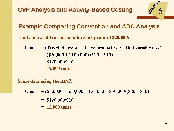 CVP Analysis and Activity-Based Costing 6 Example Comparing Convention and ABC Analysis Units to