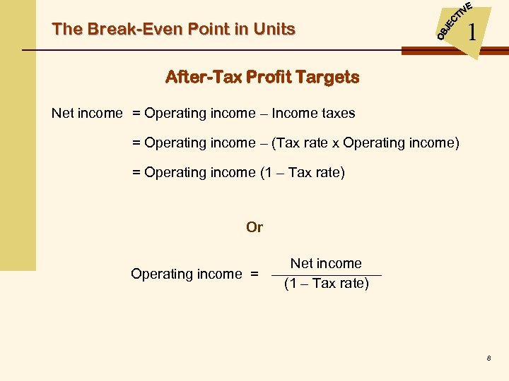 The Break-Even Point in Units 1 After-Tax Profit Targets Net income = Operating income