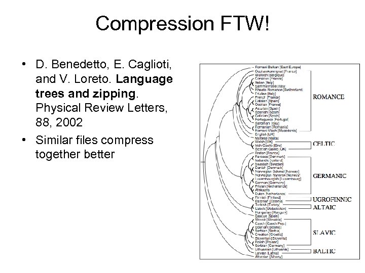 Compression FTW! • D. Benedetto, E. Caglioti, and V. Loreto. Language trees and zipping.