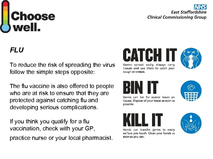 FLU To reduce the risk of spreading the virus follow the simple steps opposite: