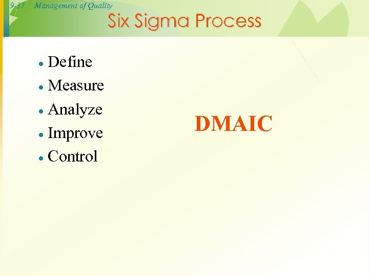 9 -37 Management of Quality Six Sigma Process Define · Measure · Analyze ·
