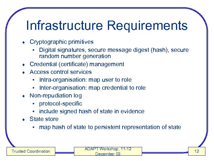 Infrastructure Requirements ¨ ¨ ¨ Cryptographic primitives • Digital signatures, secure message digest (hash),