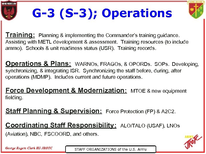 G-3 (S-3); Operations Training: Planning & implementing the Commander’s training guidance. Assisting with METL