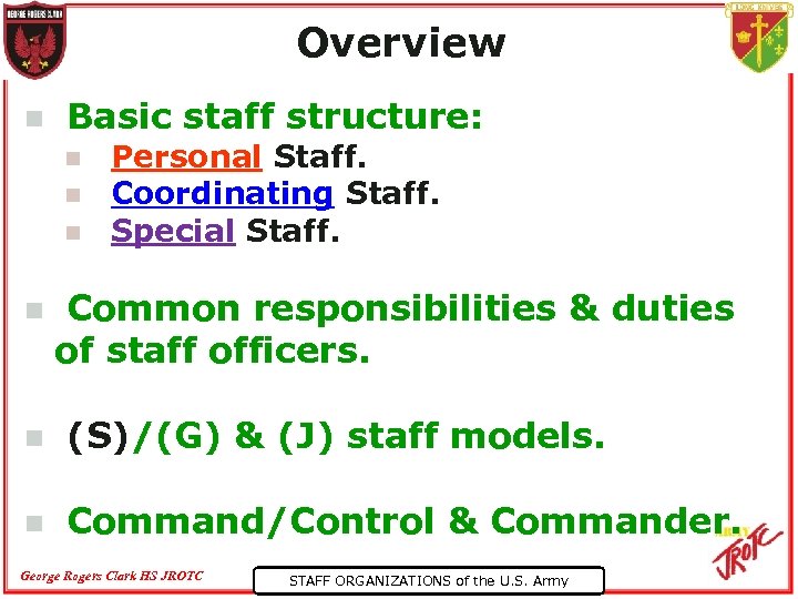 Overview n Basic staff structure: n n Personal Staff. Coordinating Staff. Special Staff. Common