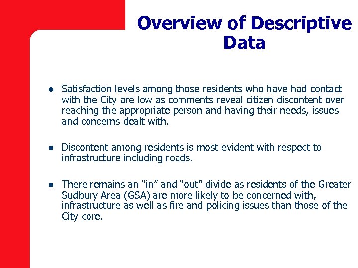 Overview of Descriptive Data l Satisfaction levels among those residents who have had contact